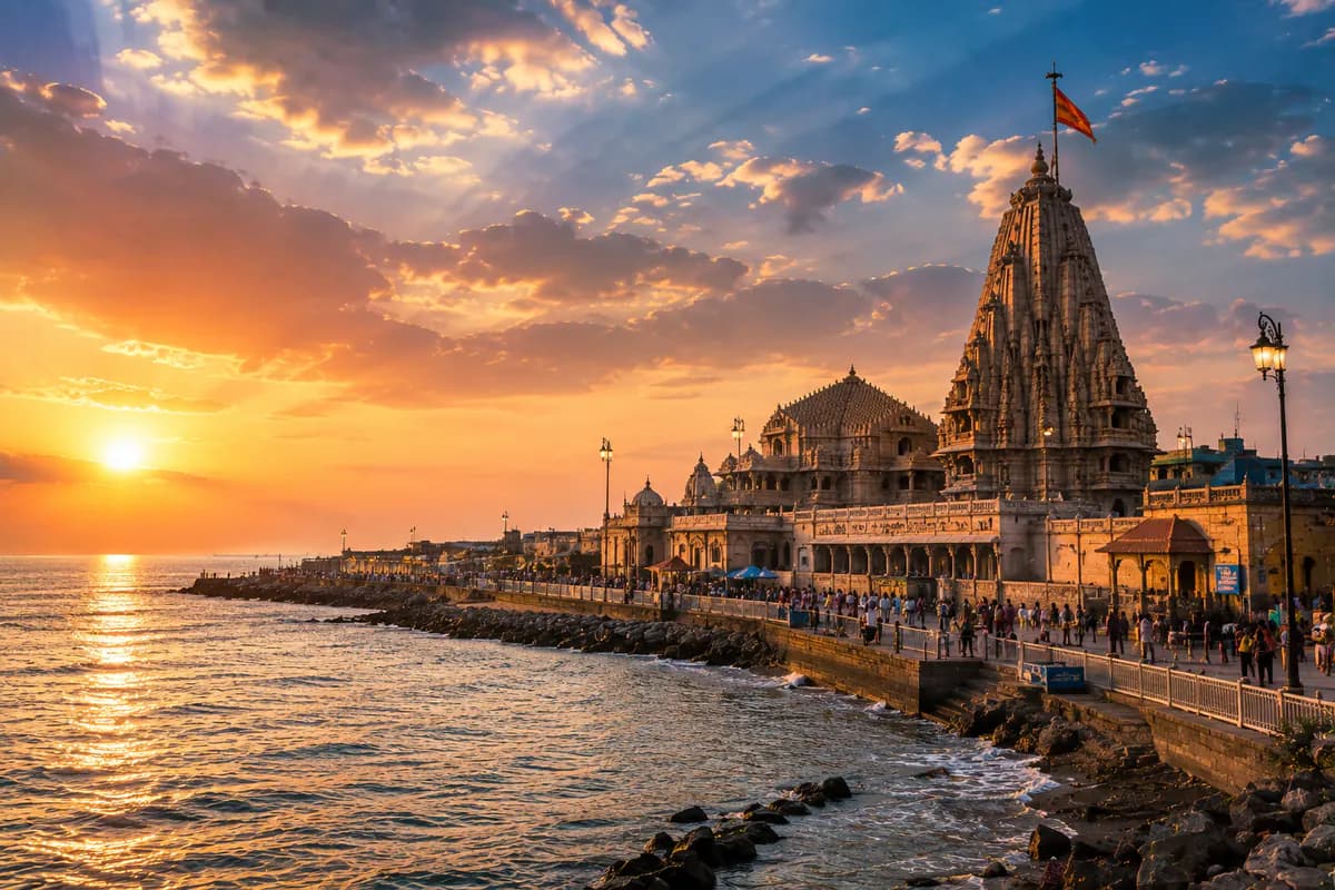 Somnath temple beside the Arabian Sea at sunset