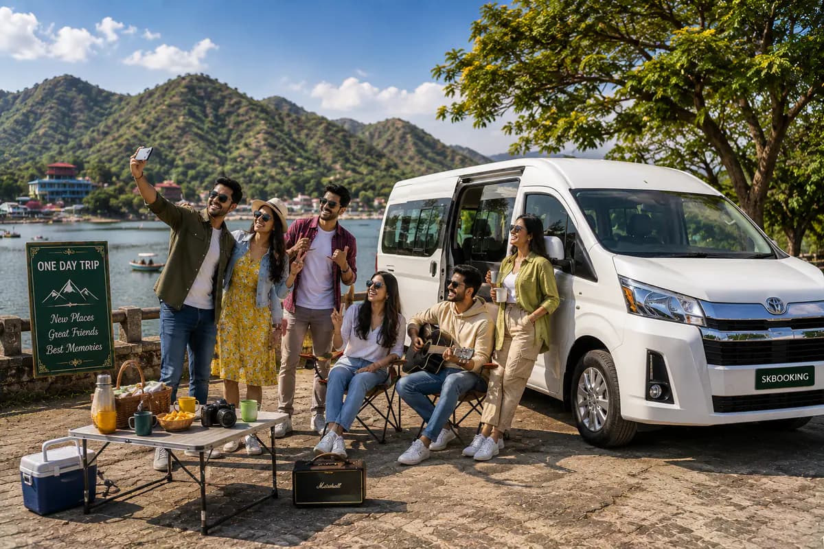 Friends enjoying a short group outing beside their vehicle