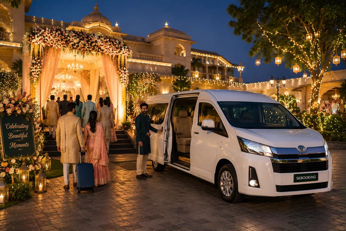 Wedding guests arriving by passenger vehicle at an Indian venue
