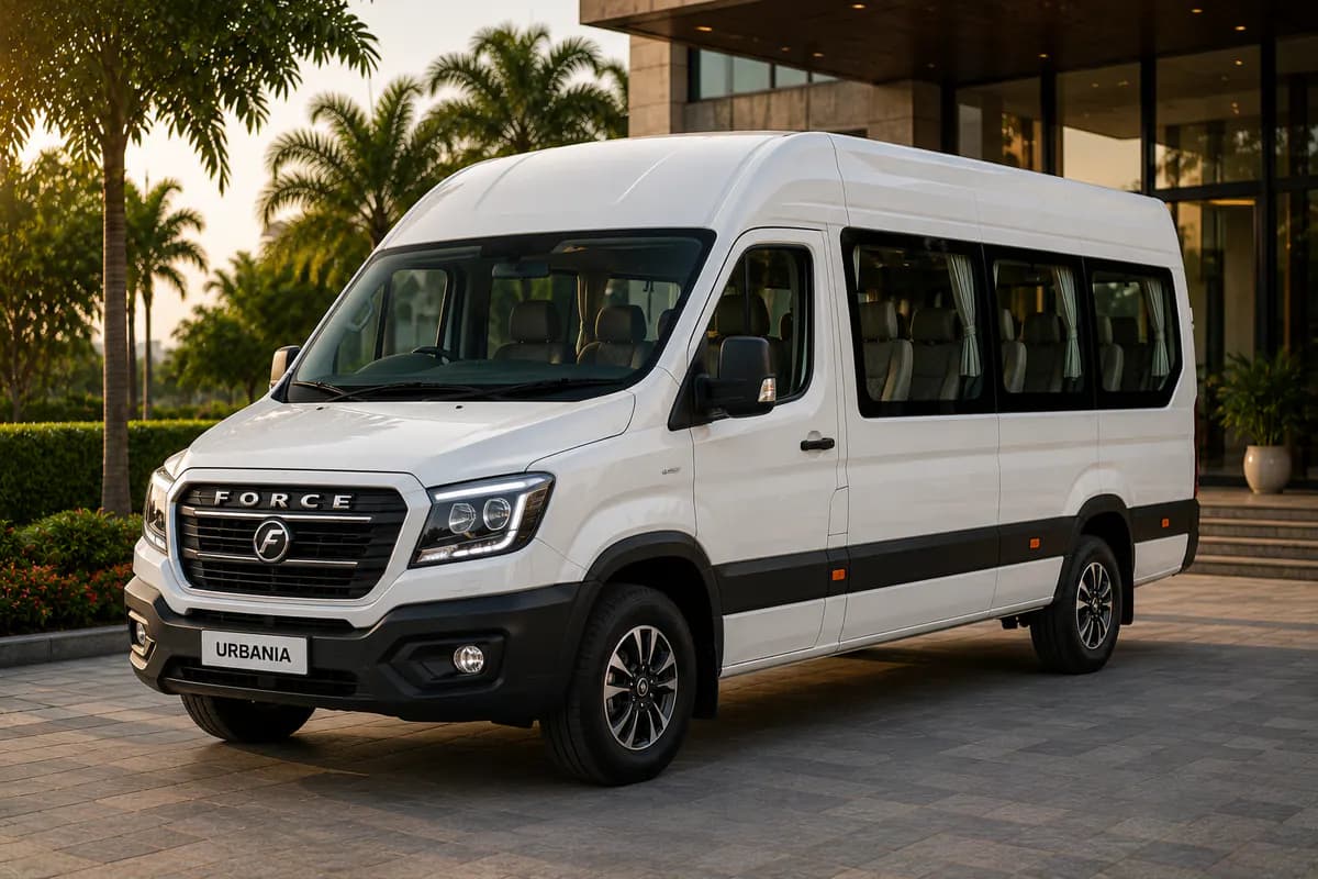 White Urbania-style group vehicle representing travel for up to seventeen people