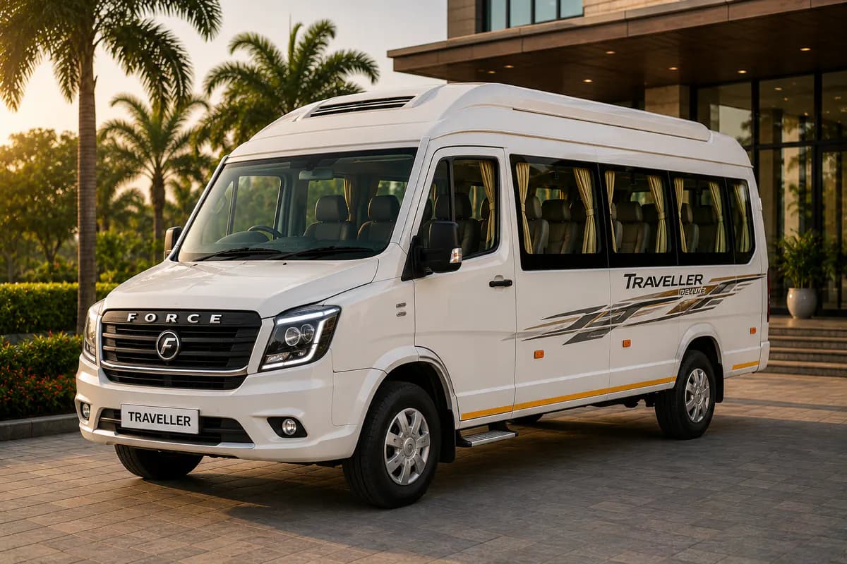 White Tempo Traveller representing travel for eight to twelve people